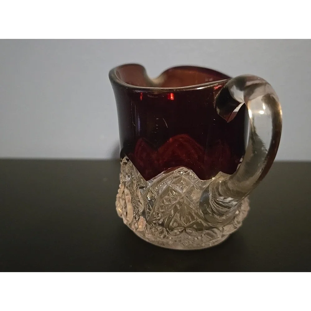 ANTIQUE EAPG GLASS CREAMER‎ RUBY DIAMOND FLASH RED TOP 2.5
